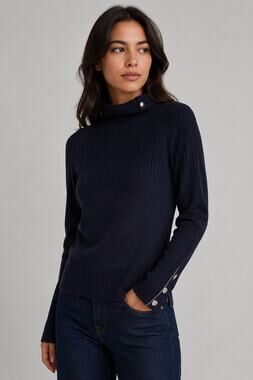 Pedro Del Hierro Navy Ribbed Turtleneck Sweater Zip Cuff Button Detail Size L
